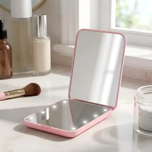 vanity mirror, makeup mirror, makeup mirror with light, compact mirror, cosmetic mirror with light, portable cosmetic mirror, folding cosmetic mirror
