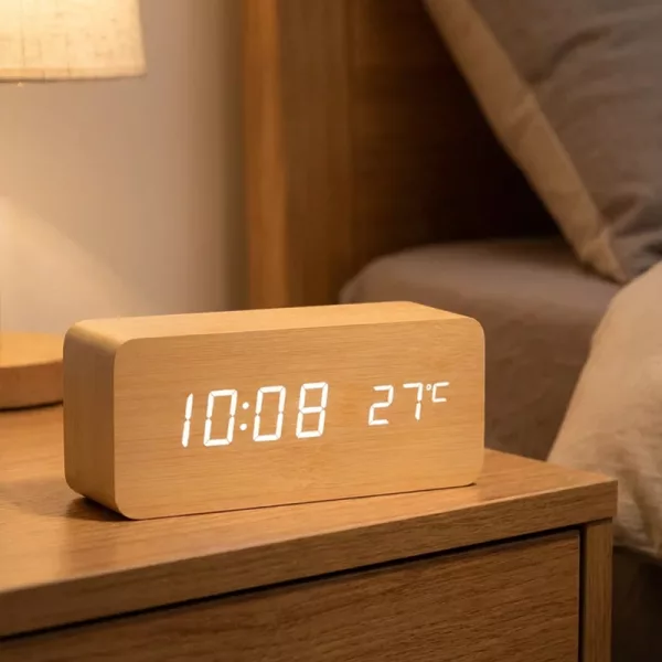 digital alarm clock, wooden alarm clock, led table clock